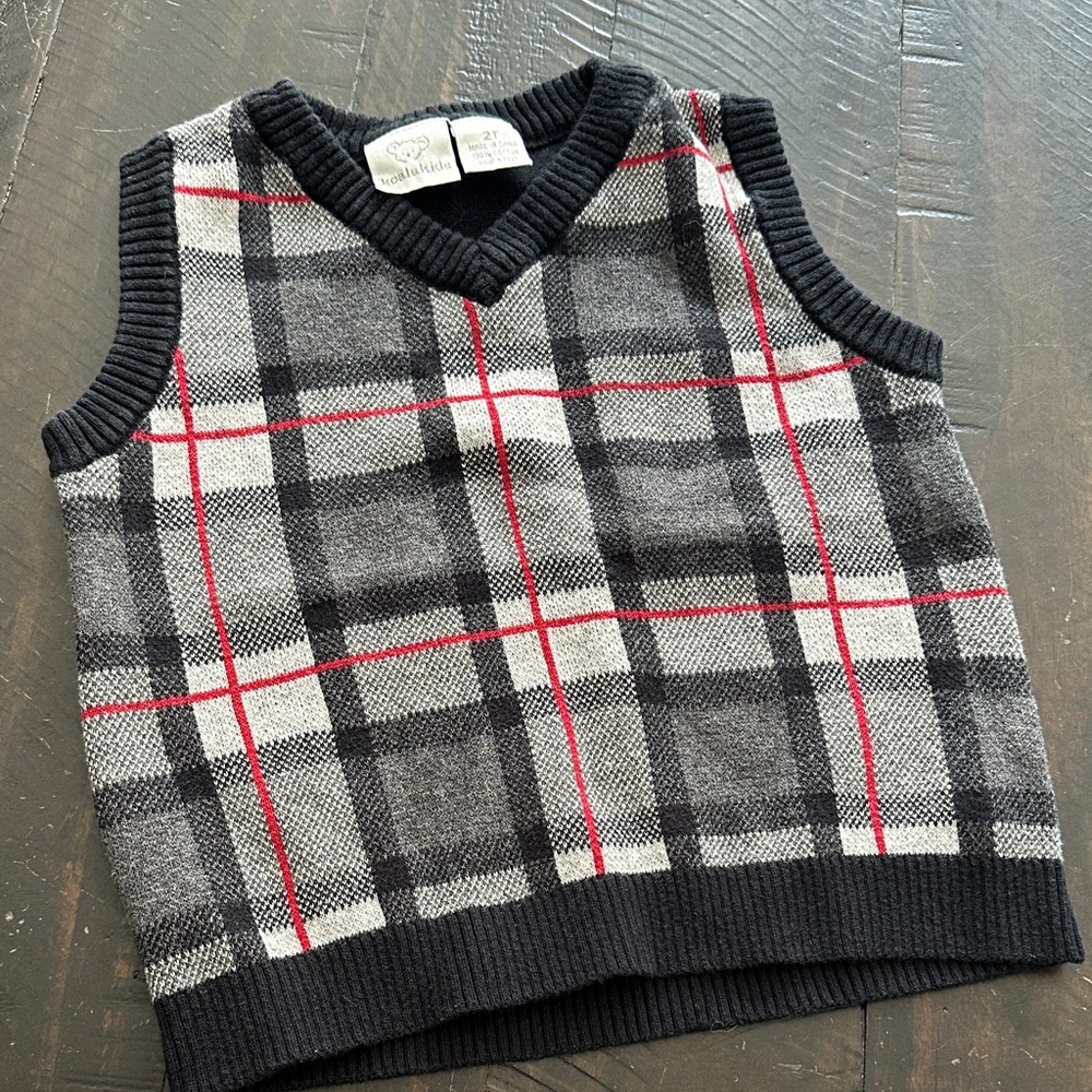 Koala Kids Charcoal Plaid Sweater Vest | Black, Gray, Red Charcoal | 2T